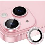 Fibaks Apple iPhone 14 / 14 Plus ve 15 / 15 Plus Parlak Taşlı Kamera Koruma Renkli Lens Koruyucu Temperli Cam - iPhone 14/15 Plus - Pembe