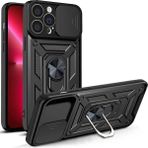 Fibaks Apple iPhone 14 Pro Kılıf Kamera Korumalı Sürgülü Yüzüklü Armor Military Tank - Siyah