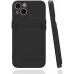 Fibaks Apple iPhone 15 Plus Kamera Korumalı Kartlıklı Cüzdanlı Kırmızı Tuşlu Siyah Silikon Kılıf