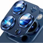 Fibaks Apple iPhone 15 Pro Kamera Lens Koruyucu Metal Çerçeveli Tam Koruma Temperli Cam - Lacivert