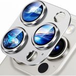 Fibaks Apple iPhone 15 Pro Max Kamera Lens Koruyucu Metal Çerçeveli Tam Koruma Temperli Cam - Gümüş