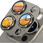 Fibaks Apple iPhone 15 Pro Max Kamera Lens Koruyucu Metal Çerçeveli Tam Koruma Temperli Cam - Titanyum Gri