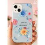 Fibaks Apple iPhone 15 Uyumlu Kılıf Mavi Simli Çiçek Desenli Renkli Parlak Darbe Emici Kapak