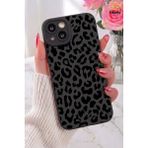 Fibaks iPhone 13/14 Kılıf Mat Siyah Hologramlı Leopar Desenli Kamera Korumalı Yumuşak Silikon Kapak