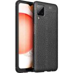 Fibaks Samsung Galaxy A12 Kılıf Rugan Armor Deri Görünümlü Parmak İzi Yapmaz Dayanıklı Niss Silikon Kapak - Siyah