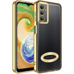 Fibaks Samsung Galaxy A34 Kılıf Logo Gösteren Parlak Kenarlı Kamera Lens Korumalı Şeffaf Omega Silikon Kapak - Gold