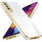 Fibaks Samsung Galaxy A70 Kılıf Parlak Kenarlı Altın Işlemeli Kamera Korumalı Kapak - Beyaz