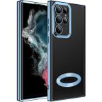 Fibaks Samsung Galaxy S22 Ultra Kılıf Logo Gösteren Parlak Kenarlı Kamera Lens Korumalı Şeffaf Omega Silikon Kapak - Mavi