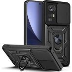 Fibaks Xiaomi Mi 12 Pro Uyumlu Kılıf Kamera Korumalı Sürgülü Yüzüklü Armor Military Tank Zırhlı - Siyah