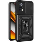 Fibaks Xiaomi Poco X4 Pro 5g Kılıf Kamera Korumalı Sürgülü Yüzüklü Armor Military Tank - Siyah