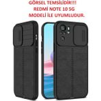 Fibaks Xiaomi Redmi Note 10 5g Kılıf Sürgülü Slide Kamera Korumalı Deri Görünümlü Leke Tutmaz Lüks Silikon - Siyah