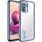 Fibaks Xiaomi Redmi Note 10 Kılıf Logo Gösteren Parlak Kenarlı Kamera Lens Korumalı Şeffaf Omega Silikon Kapak - Mavi