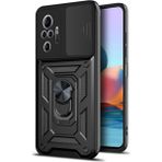 Fibaks Xiaomi Redmi Note 10 Pro Uyumlu Kılıf Kamera Korumalı Sürgülü Yüzüklü Armor Military Tank Zırh - Siyah