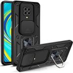 Fibaks Xiaomi Redmi Note 9 Pro/9s Uyumlu Kılıf Kamera Korumalı Sürgülü Yüzüklü Armor Military Tank Zırh - Siyah