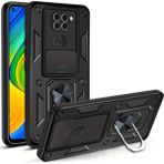 Fibaks Xiaomi Redmi Note 9 Uyumlu Kılıf Kamera Korumalı Sürgülü Yüzüklü Armor Military Tank Zırh - Siyah