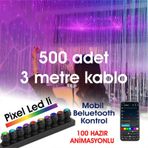 Fiber Optik Şelale, Işık Perdesi, Yağmur Dekor, 500 Adet 3mt 0.75mm Kablo + Animasyonlu Işık Kaynağı Çok Renkli