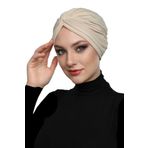 fidan bone Çapraz Bantlı Kum Beji Hazır Türban Tesettür Havuz Bonesi
