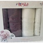 Fiesta %100 Pamuklu Hamam Takımı - 90 x 150 cm - Mürdüm - Bej