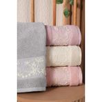 Fiesta %100 Penye Pamuklu Kort Nakışlı 50X90 4 Lü Kutulu El Yüz Havlusu - 50 x 90 cm - Koyu Gri - Pembe - Beyaz