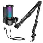 FIFINE USB Oyun Mikrofonu Seti, RGB Işıklı PC Akışlı Mikrofon, Sessiz, Kazanç Düğmesi, Podcast Kaydı için Metal Bom Kolu, PS4/PS5-AmpliGame A8T ile Uyumlu Kondenser Bilgisayar Mikrofon Seti