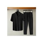 Fifty Color Alaçatı Stili Erkek Bürümcük Krinkıl Kumaş Yazlık Likralı Polo Yaka Tshirt ve Eşofman Takım kombini