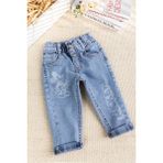 Fiğürlü Denim Pamuku Şık Kot Kız Bebek Pantolon - Mavi - 6 - 9 Ay