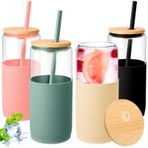 FillTouch 4 Paket 20 oz Silikon Koruyucu Kollu Cam Bardak Bambu Kapaklı Cam Bardaklar Saman Sevimli Kutu Şekilli Cam Su Şişesi Su, Buzlu Kahve, Çay için