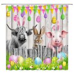 FILMILIL Paskalya Çiftlik Evi Duş Perdesi Tavşan Renkli Yumurta Tavşan Sevimli Rustik Hayvan İnek Domuz Bahar Tatil Vitange Ahşap Tahta Boğa Banyo Perdesi Seti Polyester Kumaş Kancalar 180 x 180 cm
