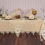 Finezza 160x230 cm 18 Parça 8 Kişilik Bennu Güpürlü Keten Bej Sofra Takımı