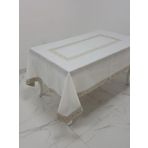 Finezza 160x230 cm Gonca Lüx Jakar Bordürlü Keten Kumaş Krem Dikdörtgen Masa Örtüsü