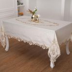 Finezza 160x230 cm Perla Lüx Dantelli Simli Keten Kumaş Bej Dikdörtgen Masa Örtüsü