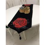 Finezza Runnervelvet Taşlı ve Gül Baskı Kadife Siyah Kırmızı Runner 40x160cm-391