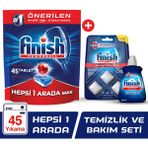 Finish Hepsi Bir Arada 45 Tablet Bulaşık Makinesi Deterjanı + Makine Temizleyici 3 Tablet + Parlatıcı 250 ml