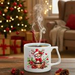 Finka Dekor Yılbaşı Noel Şapkalı Geyik Baskılı-Hediyelik Seramik Kupa Bardak - 001 - Beyaz - 250 ml