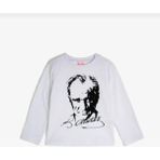 Fires Giyim Pamuk Mustafa Kemal Atatürk Baskılı Uzun Kol Çocuk Badit-Shirt - Beyaz - Siyah - 12 Yaş