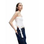 Fırfır Detaylı Asimetrik Dantelli Straplez Crop Bluz