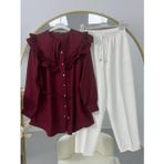 Fırfır Yaka Bağcıklı Tunik Pantolonlu Takım Bordo