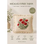 Fırfırlı Gelincik Desenli Dekoratif Kırlent Kılıfı %100 Pamuk Organik Boya Baskılı 45X45 Cm