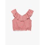 Fırfırlı Kolsuz Düşük Omuz Ekoseli Crop Bluz