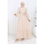 Fırfırlı Kuşaklı Elbise 2159-01 Bej - 50 - 52