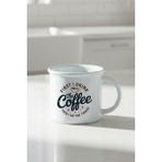 First I Drink The Coffee Baskılı Enamel Görünümlü Seramik Vintage Kupa Bardak - Beyaz