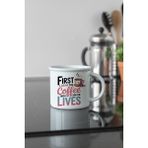 First The Coffee Baskılı Enamel Görünümlü Seramik Vintage Kupa Bardak - Beyaz