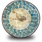 Fish Design Sedef Kaplama Hindistan Cevizi Kase & Hasır Kase Altlığı - Çerezlik - Ahşap - Mavi