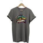 Fishing Balıkçılık Baskılı Levrek Balığı %100 Pamuk Regular Fit Bisiklet Yaka T-Shirt - 3XL - Gri