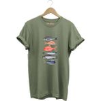 Fishing Balıkçılık Baskılı Renkli Çeşitli Balık Tasarım %100 Pamuk Regular Fit Bisiklet Yaka T-Shirt - XL - Haki