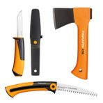 Fiskars Kamp seti, boş zaman baltası X5-XXS, 23 cm, Xtract el testeresi SW73, taze ahşap için, çekilebilir, 35 cm, evrensel bıçak, entegre bıçak bileyicili kılıf dahil, 21,5 cm, 1057912