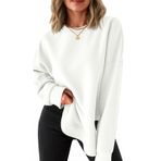 Fisoew Kadın Bisiklet Yaka Sweatshirt Günlük Uzun Kollu Yan Bölünmüş Hihg Düşük Kavisli Etek Gömlek Bol Sonbahar Tunik Üst, Beyaz, M