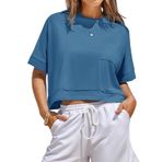 Fisoew Kadın tişörtü, kısa kollu, Crop Tops yaz, yuvarlak yaka, büyük beden, üst giyim, fitness, spor tişörtü, göbeği açık, tek renkli, basic üst, Koyu mavi, XXL