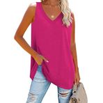 Fisoew Kadın V Yaka Tank Tops Yaz Gevşek Rahat Temel Düz Renk Kolsuz Gömlek Tunik Üstler, Gül Kırmızısı, XL