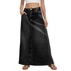 Fisoew Kadın Vintage Denim Maxi etek rahat yüksek bel A-Line yıpranmış Hem uzun Jean etek cepler ile, Siyah, XL
